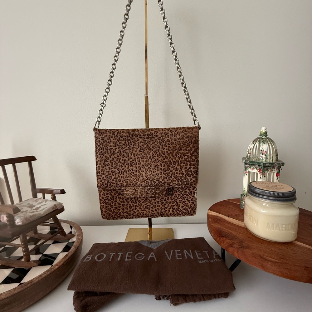 Bottega Veneta Leopard Print Pony Fur Crossbody Bag with Chain Strap